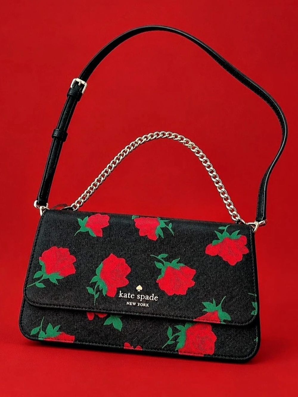 NWT Kate Spade Madison Rose Toss Black Red Chain-Handle Crossbody Bag Purse
